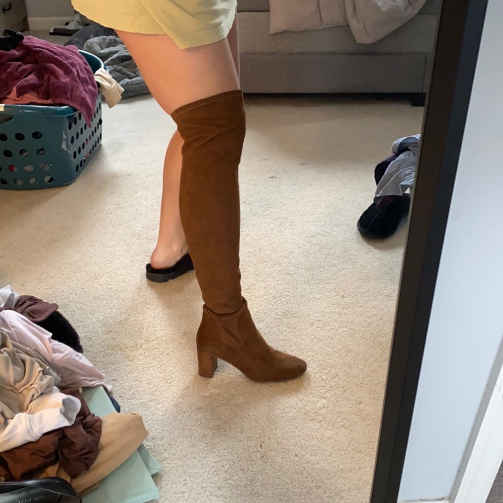 Brown suede thigh high heeled boots